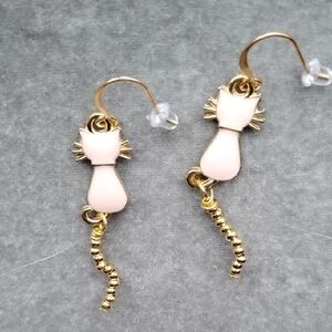 Hand Crafted Gold and Pink Enamel Cat Charm Earrings